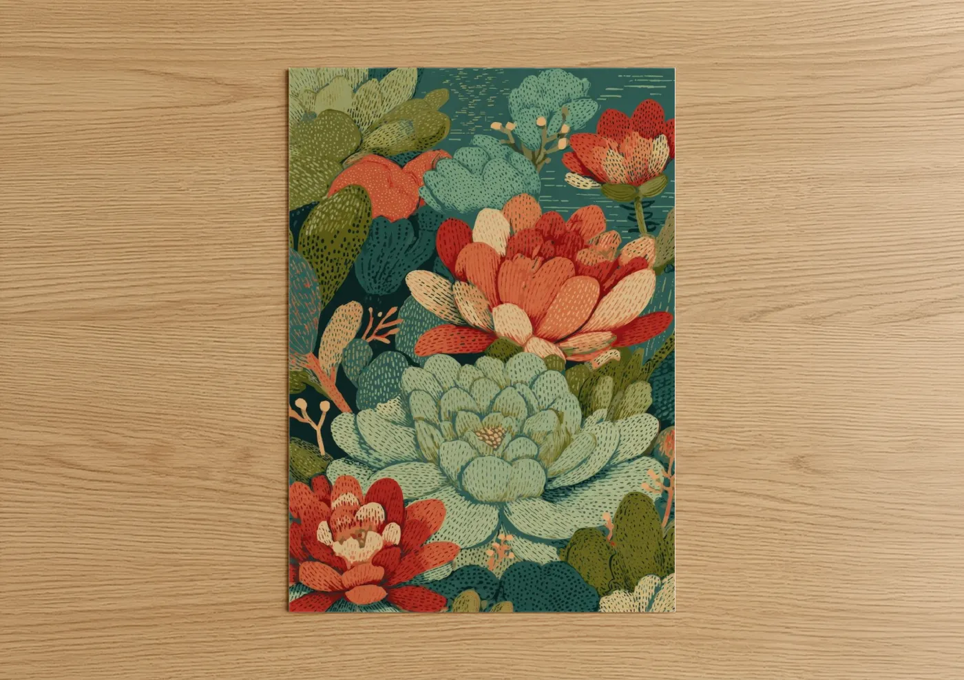 Art print on warm oak wood — sage green palette — Desert Bloom Succulents poster