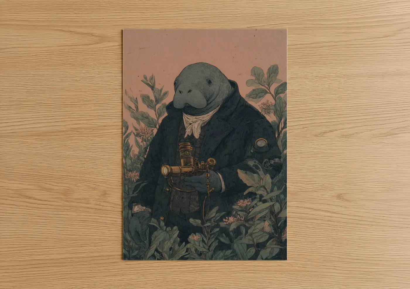 Steampunk Manatee Explorer Illustration Wall Art