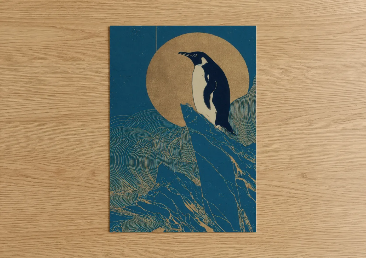 Art print on warm oak wood — dark blue and gold palette — Moonlit Penguin poster