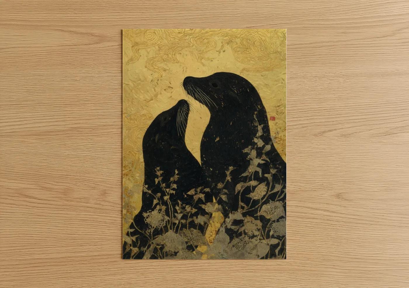 Sea Lion Mother and Pup Gold Leaf Wall Art