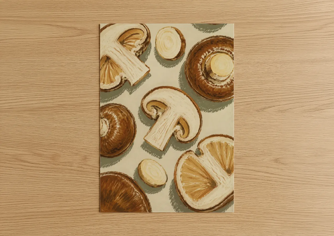 Vegetable art print on warm oak wood — brown and cream palette — Sliced Mushroom Kitchen Wall Art poster