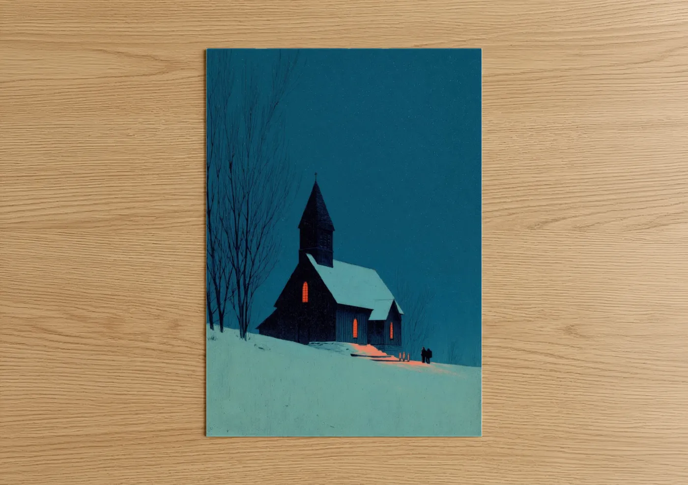 Snowy Chapel Winter Night Illustration Wall Art