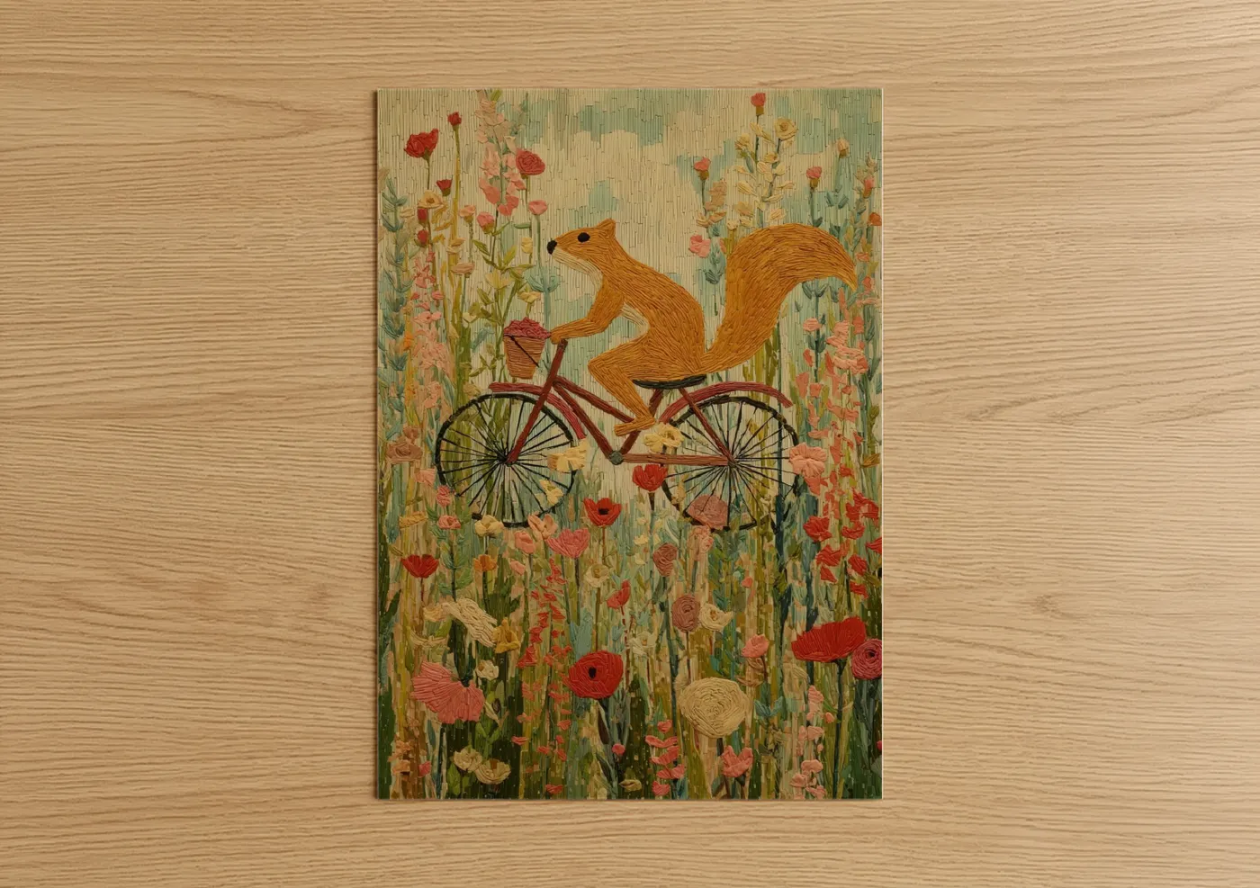 Art print on warm oak wood — gold and red palette — Cycling Squirrel poster