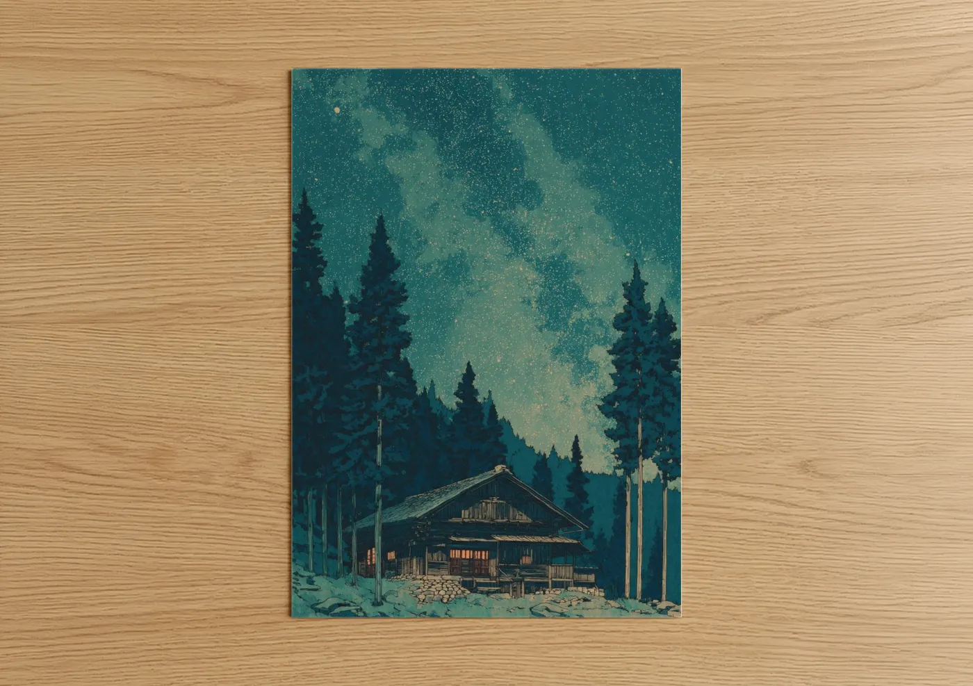 Starlit Cabin Winter Night Sky Wall Art