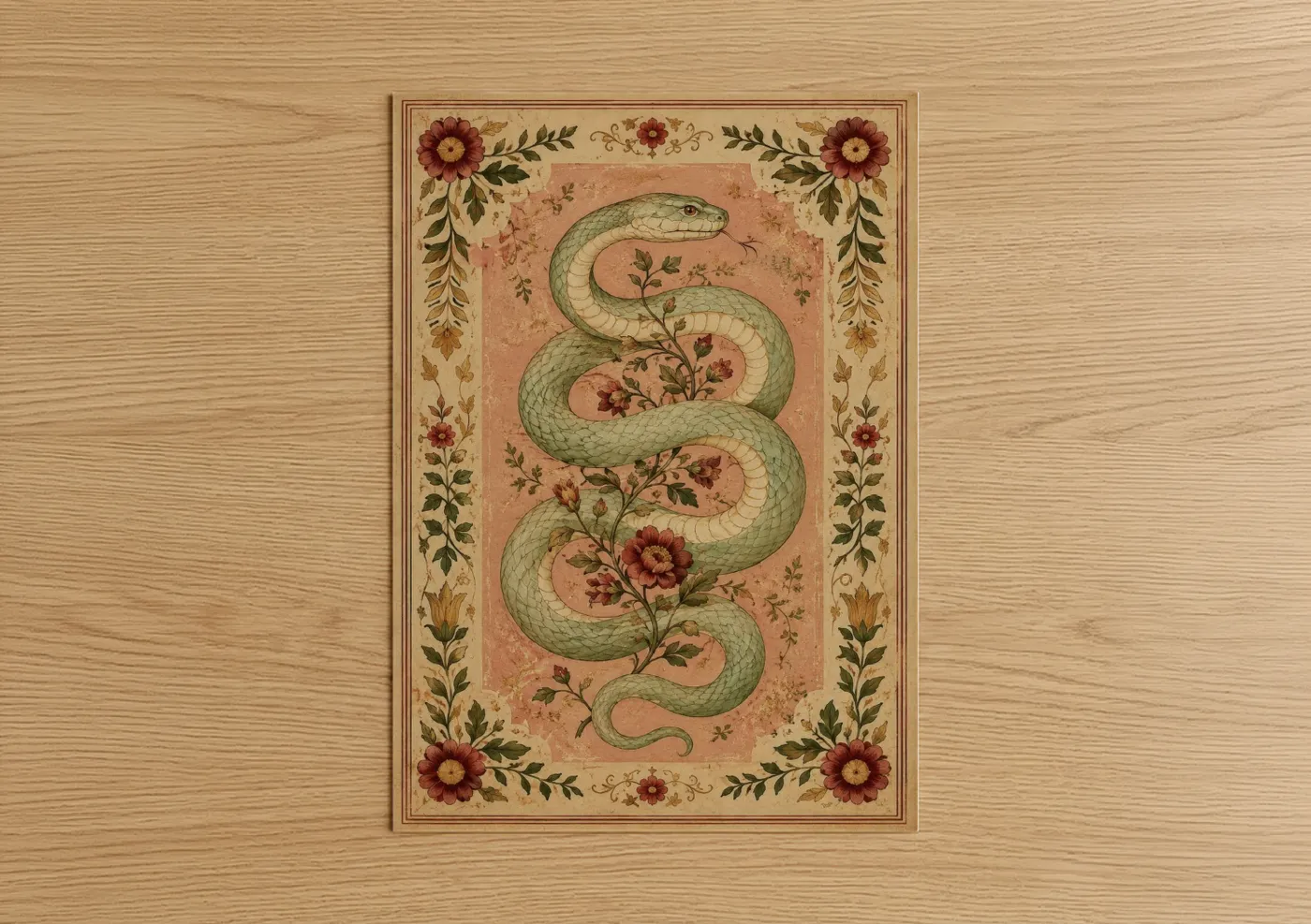 Snake art print on warm oak wood — peach and sage green palette — Serpent Garden Botanical Wall Art poster