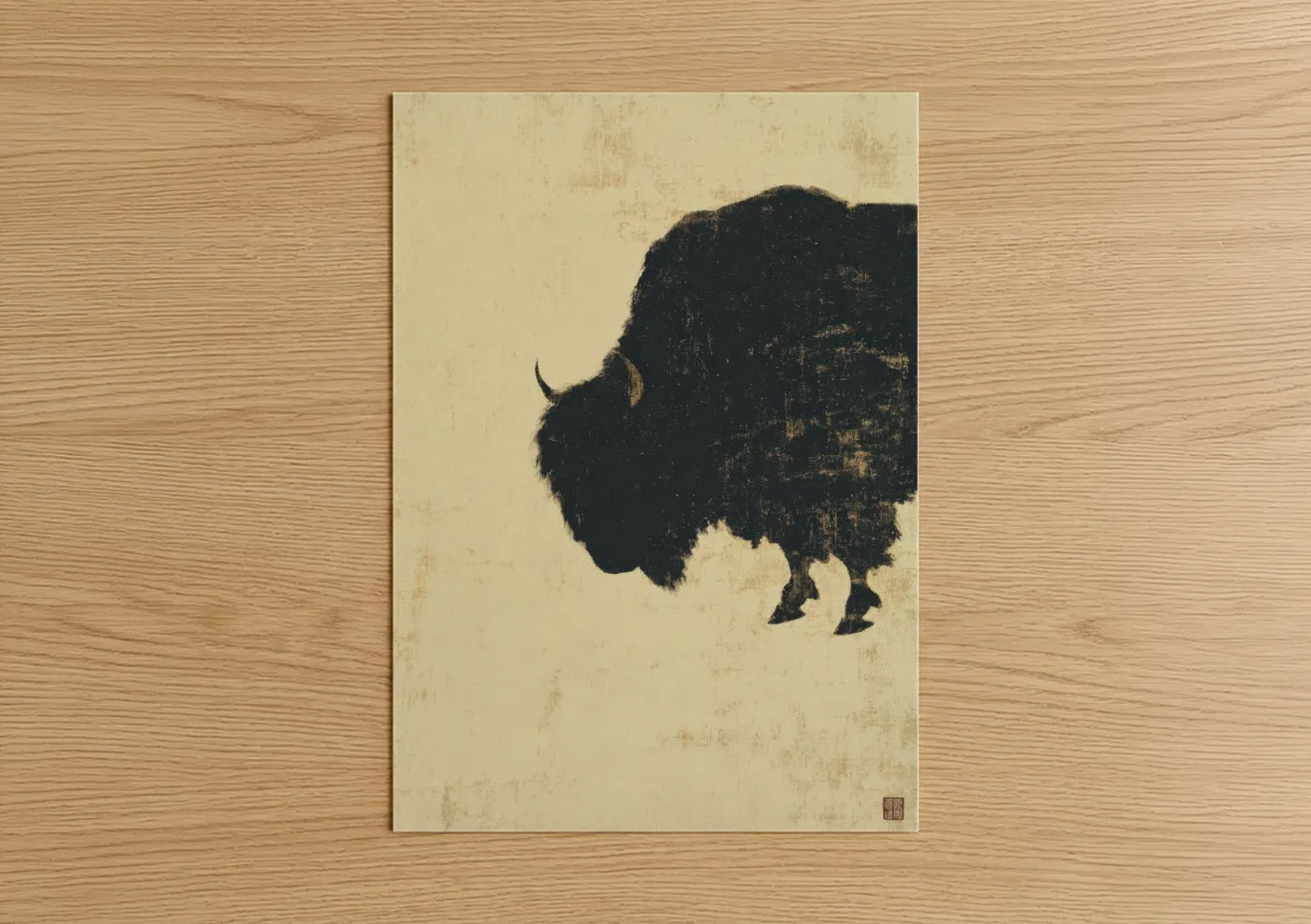 Art print on warm oak wood — black and cream palette — Silhouette Yak poster