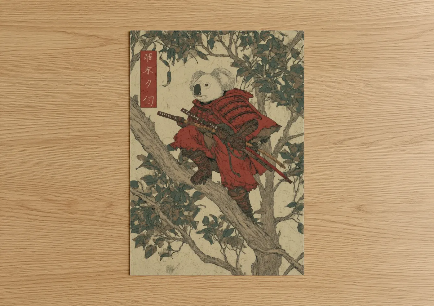 Art print on warm oak wood — red and dark green palette — Samurai Koala poster