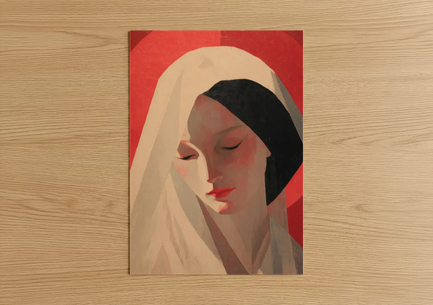 Art print on warm oak wood — red and cream palette — Serene Virgin Mary poster