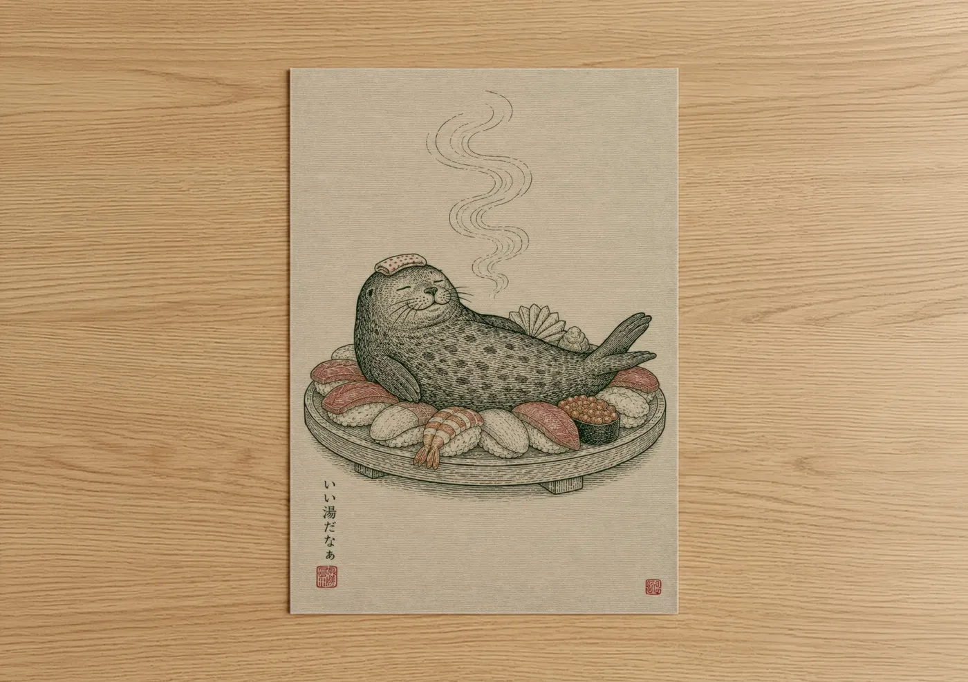 Art print on warm oak wood — beige and cream palette — Seal Sushi Japanese Style Wall Art poster