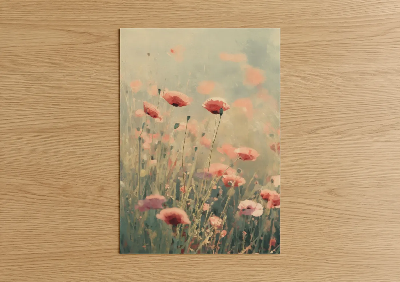 Spring art print on warm oak wood — peach and sage green palette — Misty Poppies poster