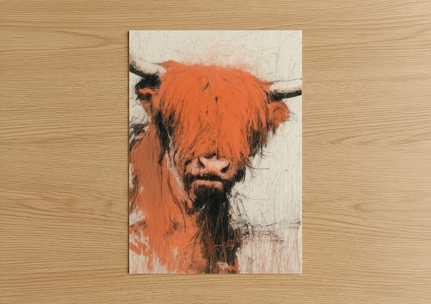 Highland cow art print on warm oak wood — orange and black palette — Rustic Highland Cattle poster