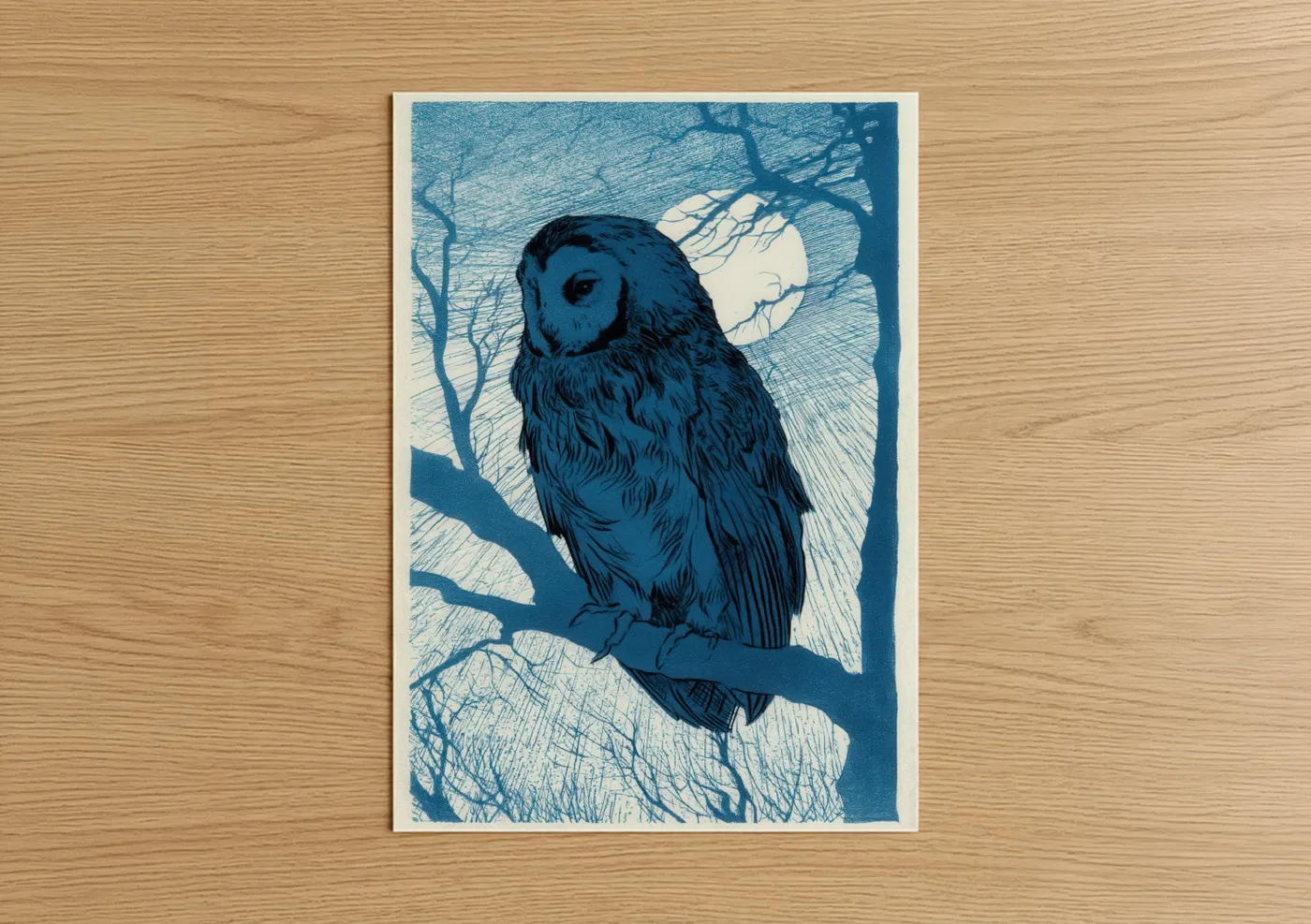 Moonlit Owl Night Forest Woodblock Wall Art