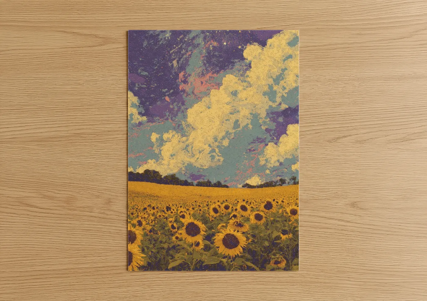 Art print on warm oak wood — yellow gold and purple palette — Golden Sunflower Field poster