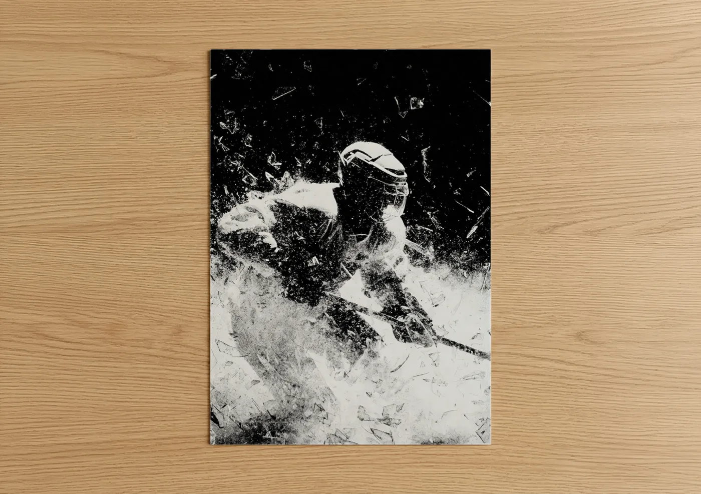 Art print on warm oak wood — black and white palette — Dynamic Ice Hockey poster