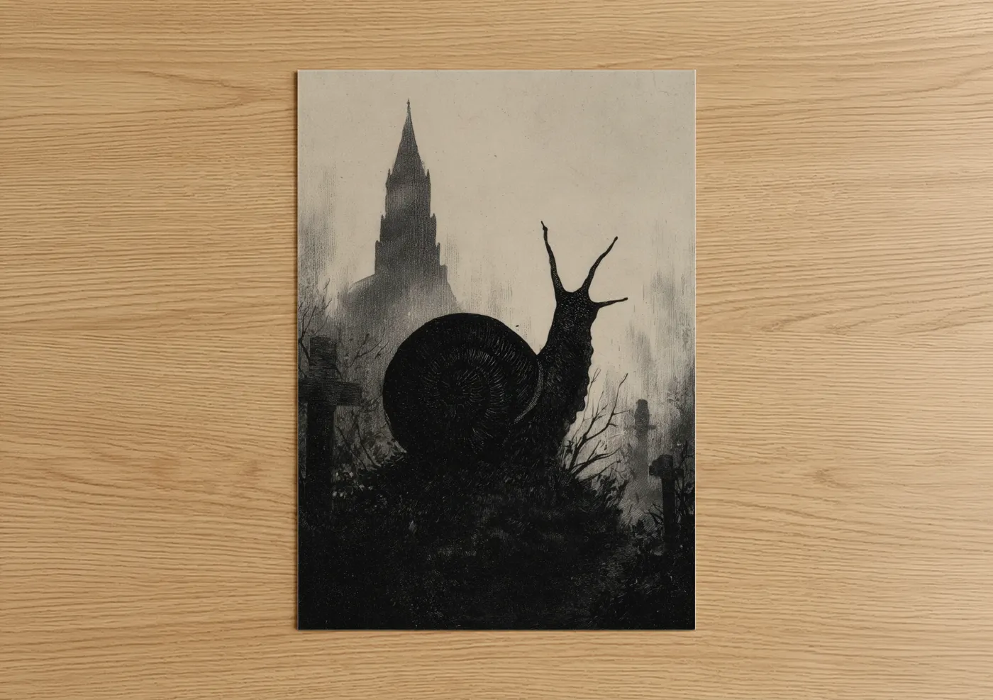 Art print on warm oak wood — black and white and dove gray palette — Gothic Snail poster