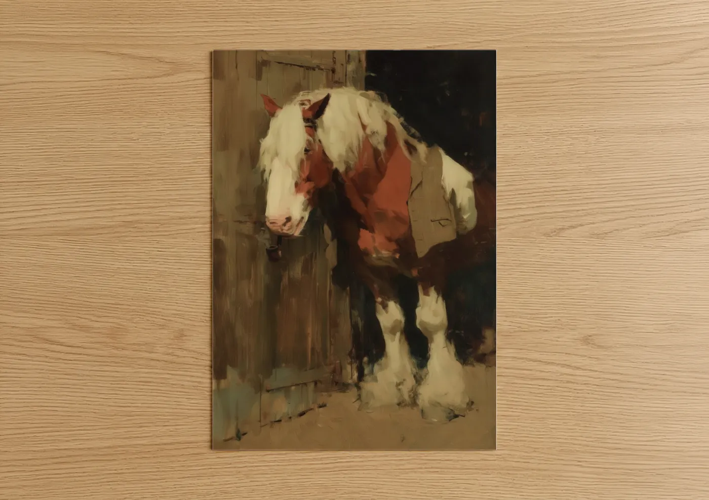Clydesdale horse art print on warm oak wood — russet and cream palette — Barn Clydesdale poster
