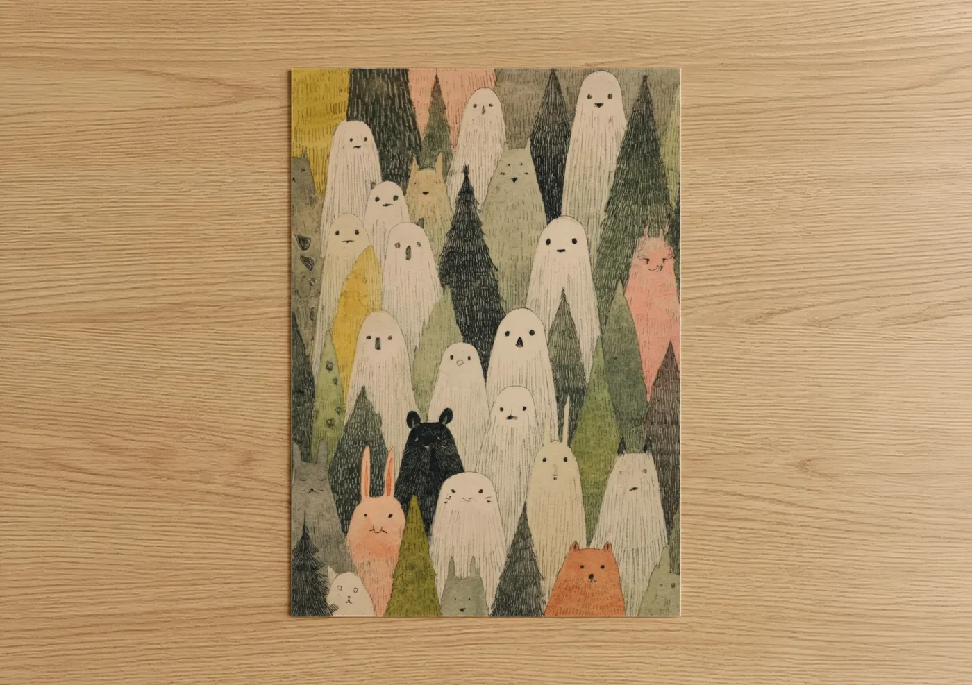 Halloween art print on warm oak wood — cream and sage green palette — Ghostly Forest Gathering poster