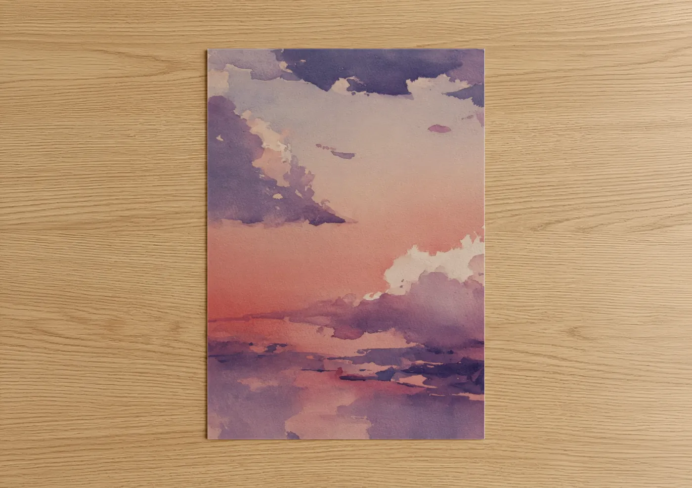 Art print on warm oak wood — lavender and salmon pink palette — Coral Morning Sky poster