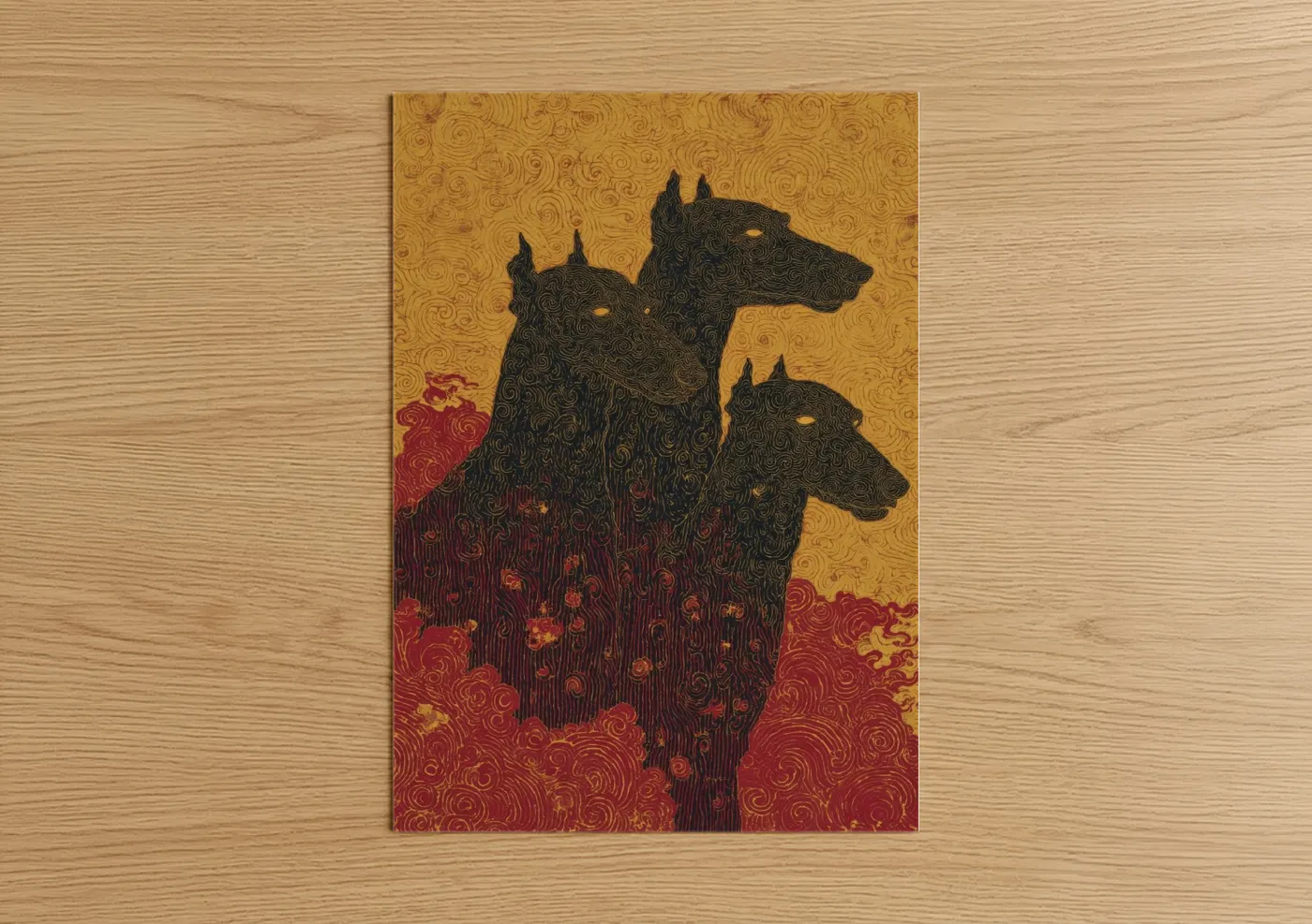 Art print on warm oak wood — yellow gold and maroon palette — Golden Cerberus poster