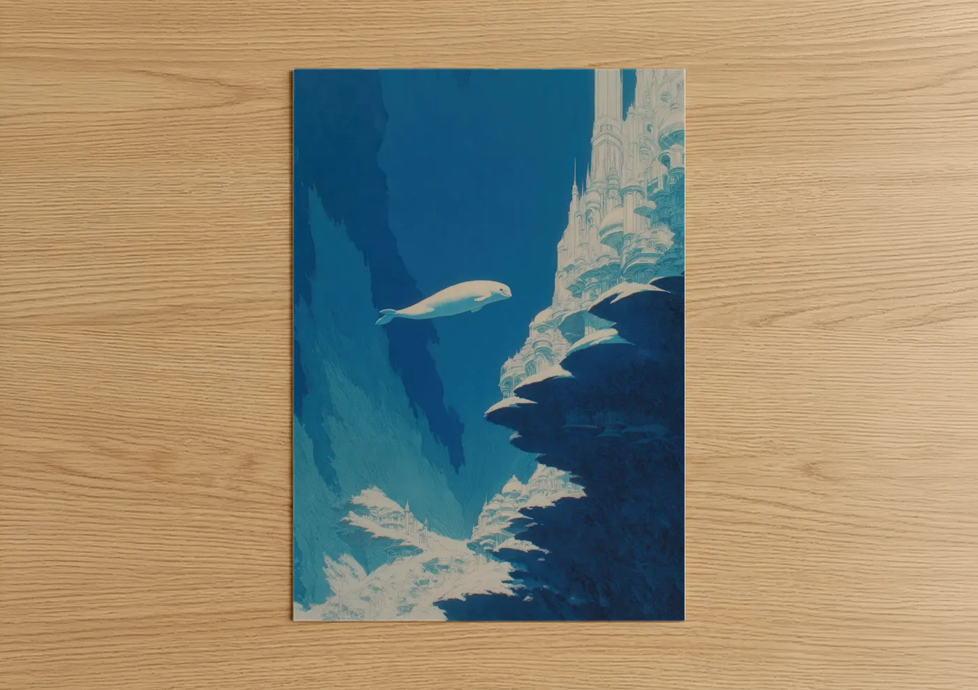 Beluga whale art print on warm oak wood — blue and white palette — Arctic Beluga Explorer poster