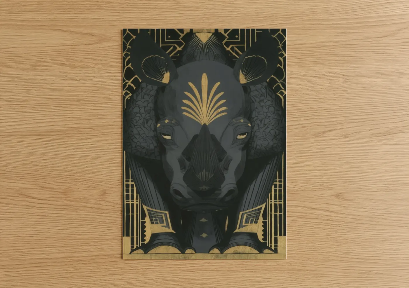 Art print on warm oak wood — gold and black palette — Golden Rhino poster
