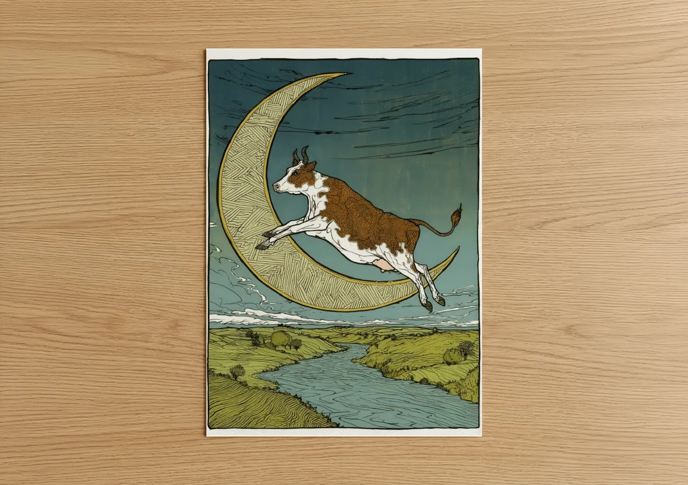 Hereford cow art print on warm oak wood — dark blue and gold and white palette — Celestial Hereford poster