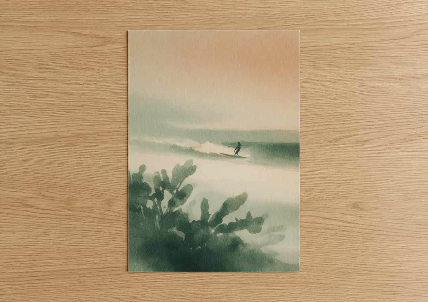 Water surfing art print on warm oak wood — sage green and cream palette — Misty Wave Surfer poster