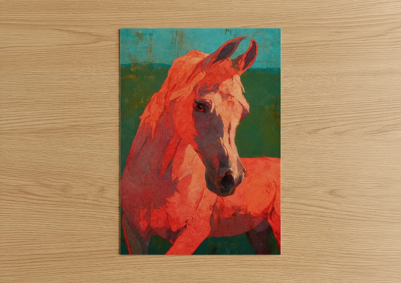 Arabian horse art print on warm oak wood — red and teal palette — Scarlet Arabian poster