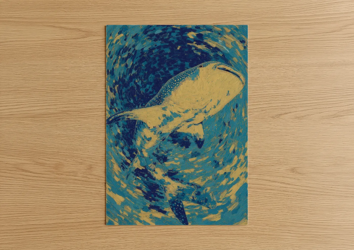 Art print on warm oak wood — blue and gold palette — Golden Whale Shark poster