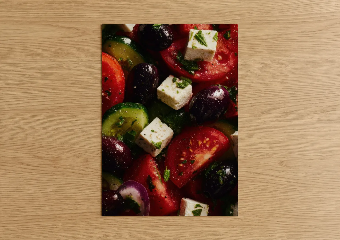 Art print on warm oak wood — red and green palette — Mediterranean Salad Bowl poster