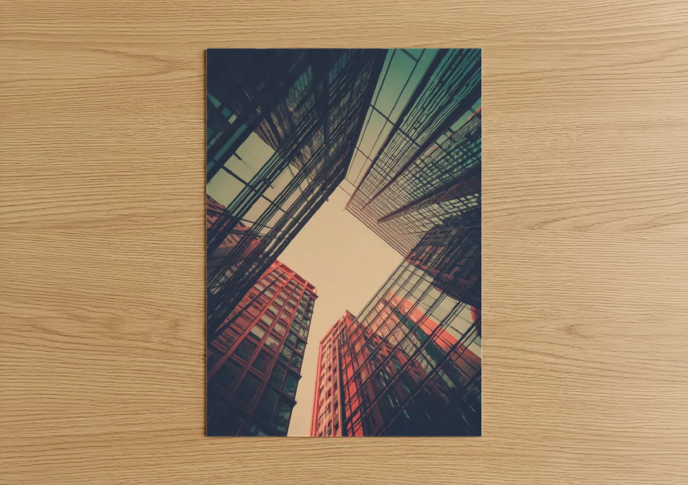 Abstract architecture art print on warm oak wood — red and teal palette — Urban Skyward poster