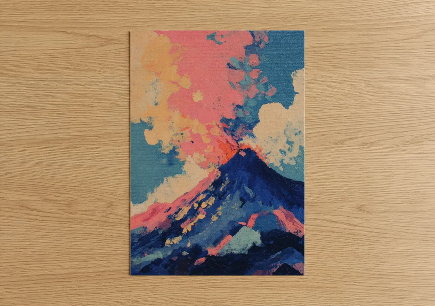 Art print on warm oak wood — blue and salmon pink palette — Crimson Volcano poster