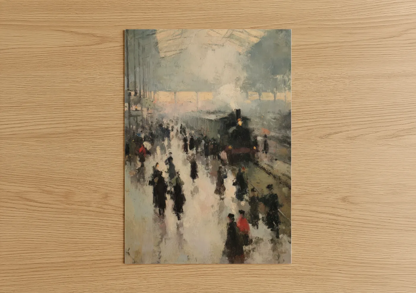 Train art print on warm oak wood — cream and dove gray palette — Arrival Station poster