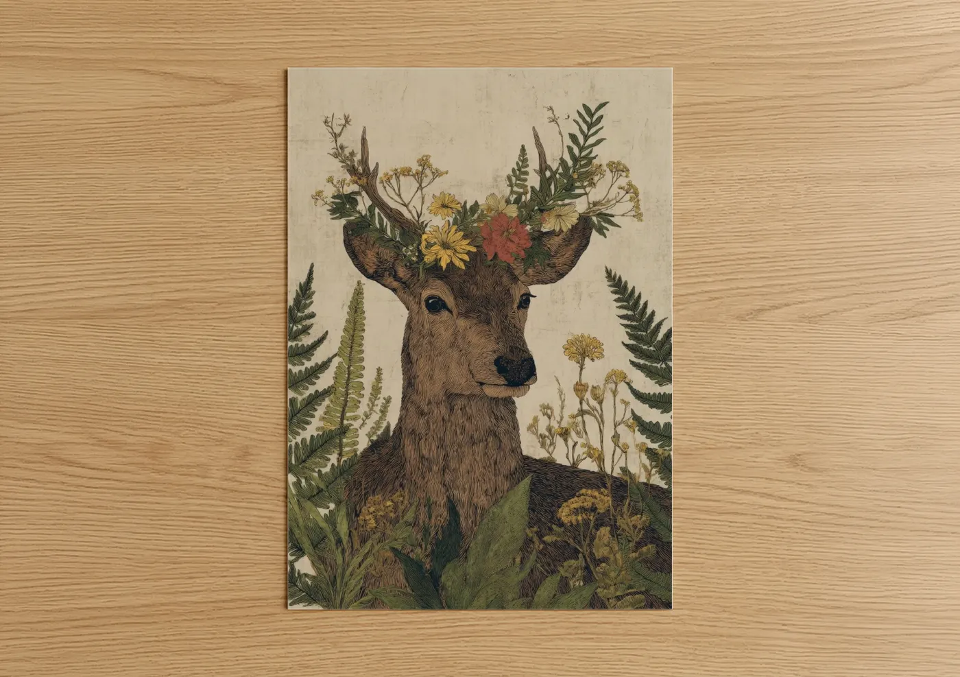 Art print on warm oak wood — beige and olive palette — Floral Elk Portrait poster