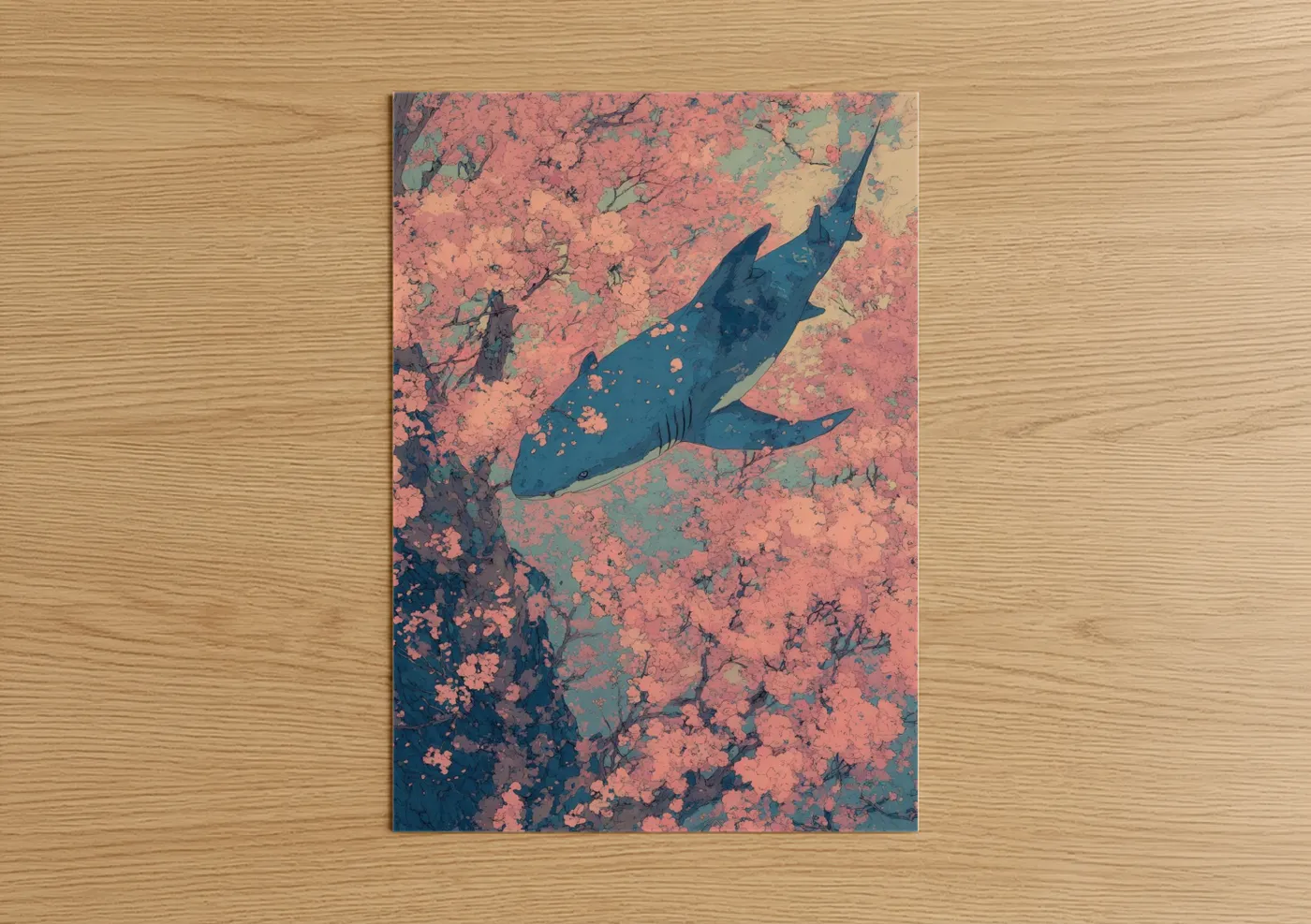 Blue Shark Coral Reef Illustration Wall Art