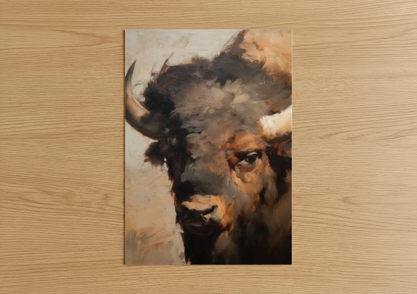 Art print on warm oak wood — brown and gold palette — Majestic Bison Portrait poster