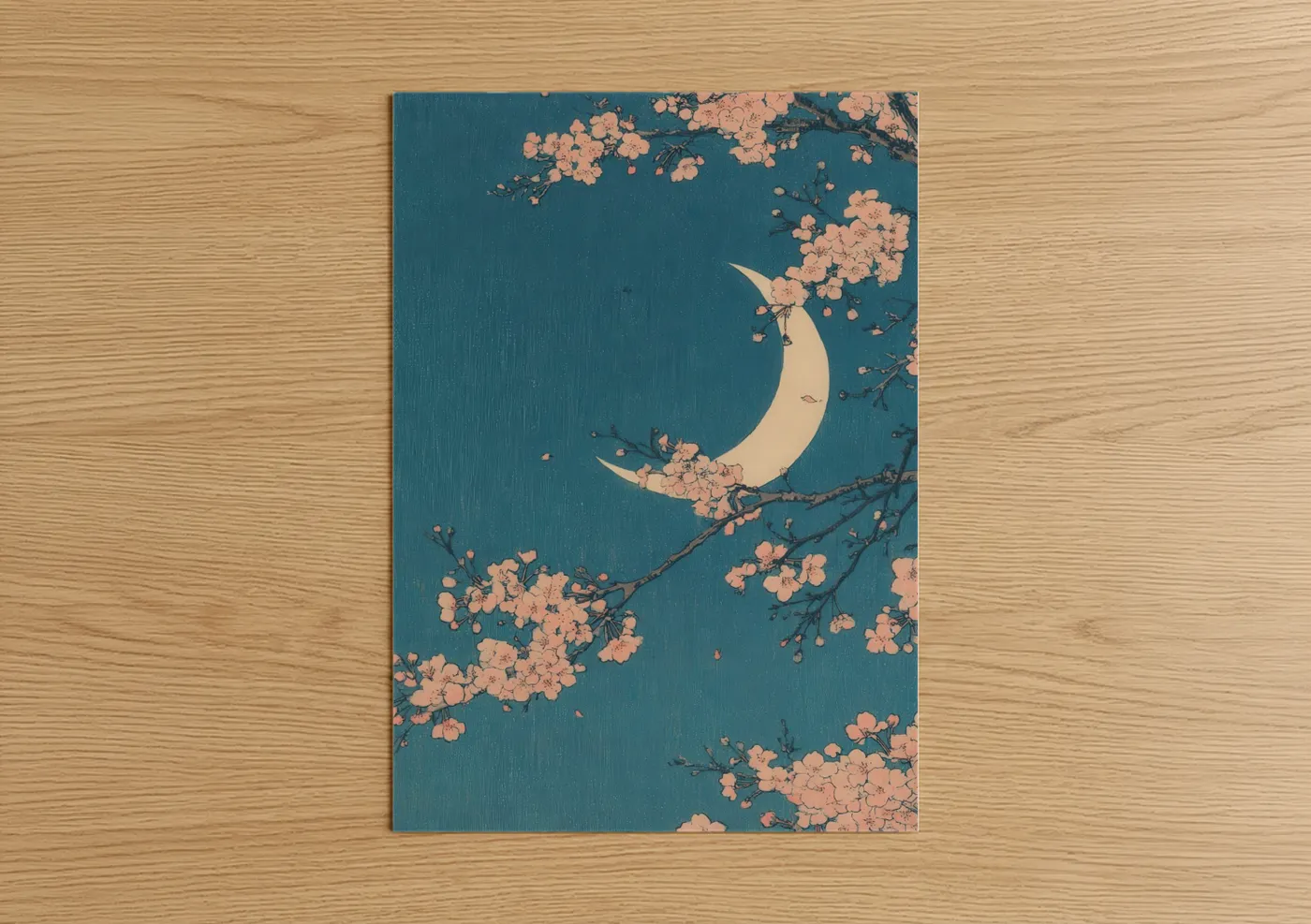 Moon Crescent Cherry Blossoms Night Wall Art
