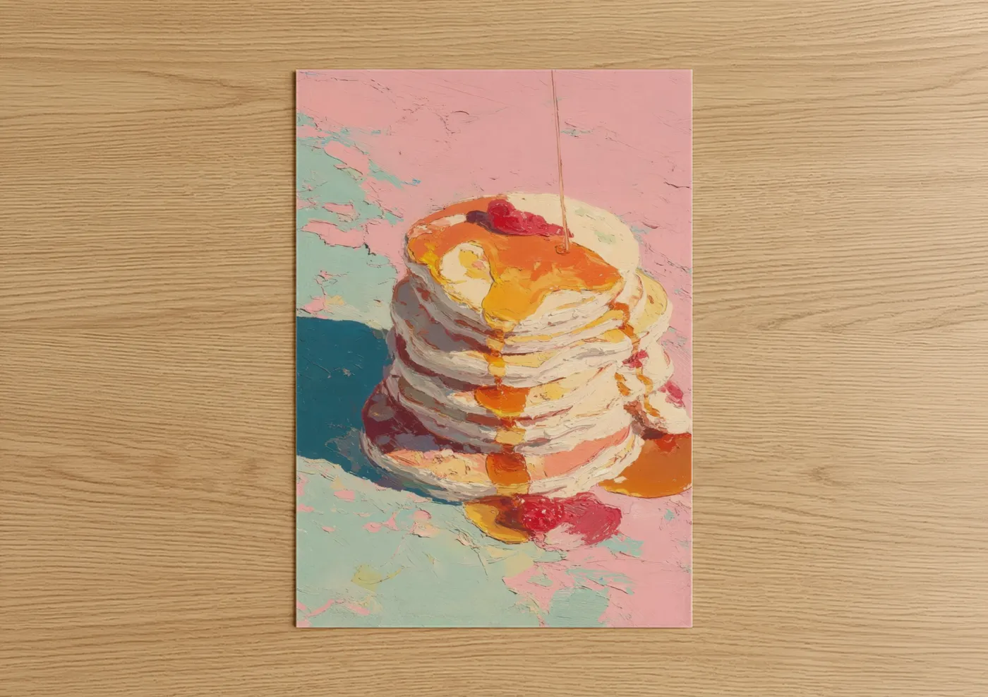 Breakfast art print on warm oak wood — pink and gold palette — Golden Pancake Stack poster