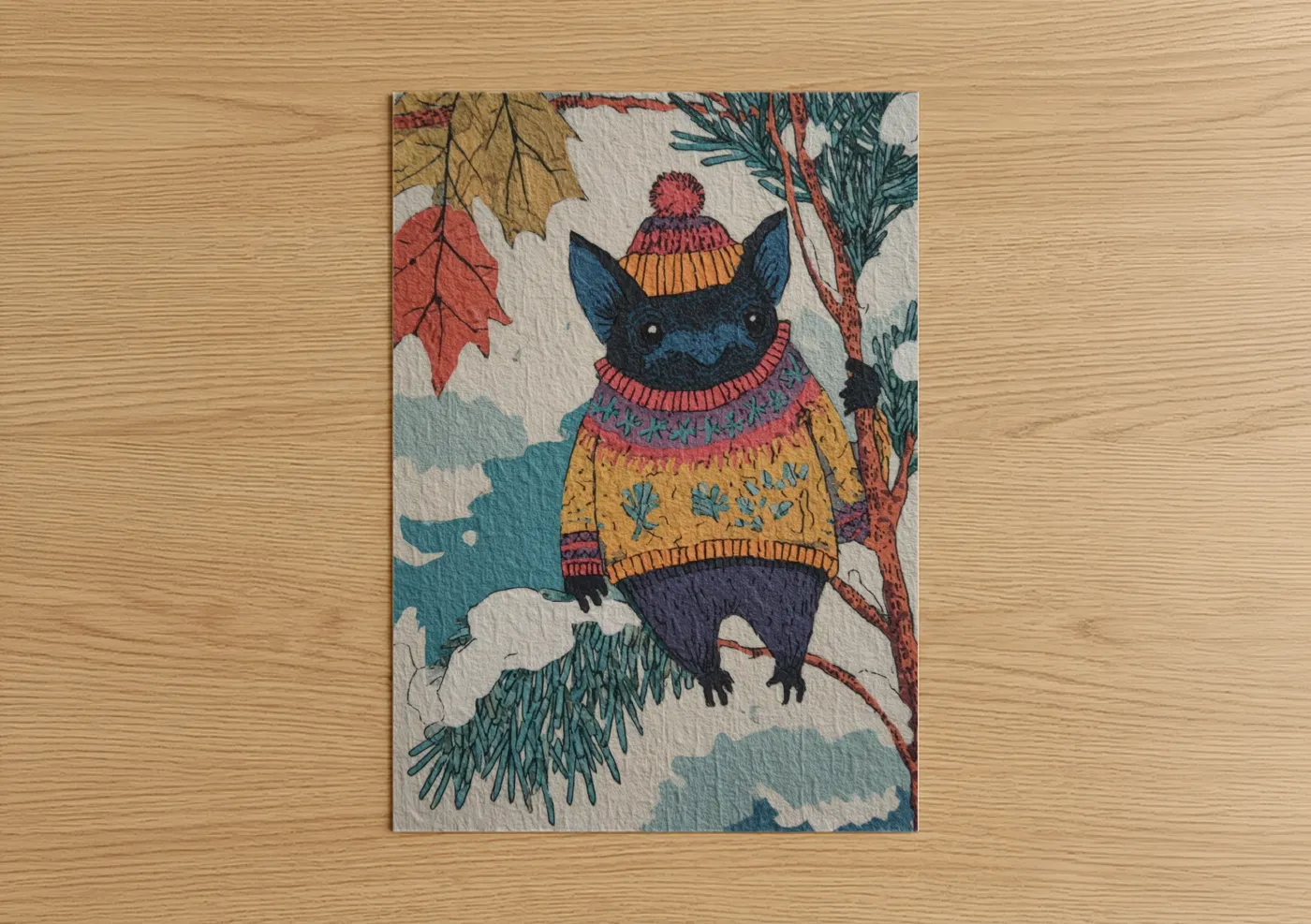Cozy Winter Bat Illustration Wall Art