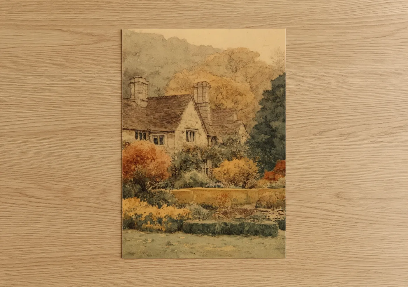 Rustic Cottage Autumn Watercolor Landscape Wall Art