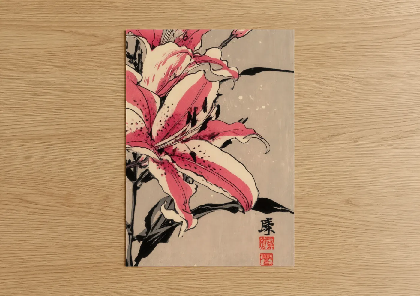 Art print on warm oak wood — pink and black and white palette — Pink Lily Bloom poster