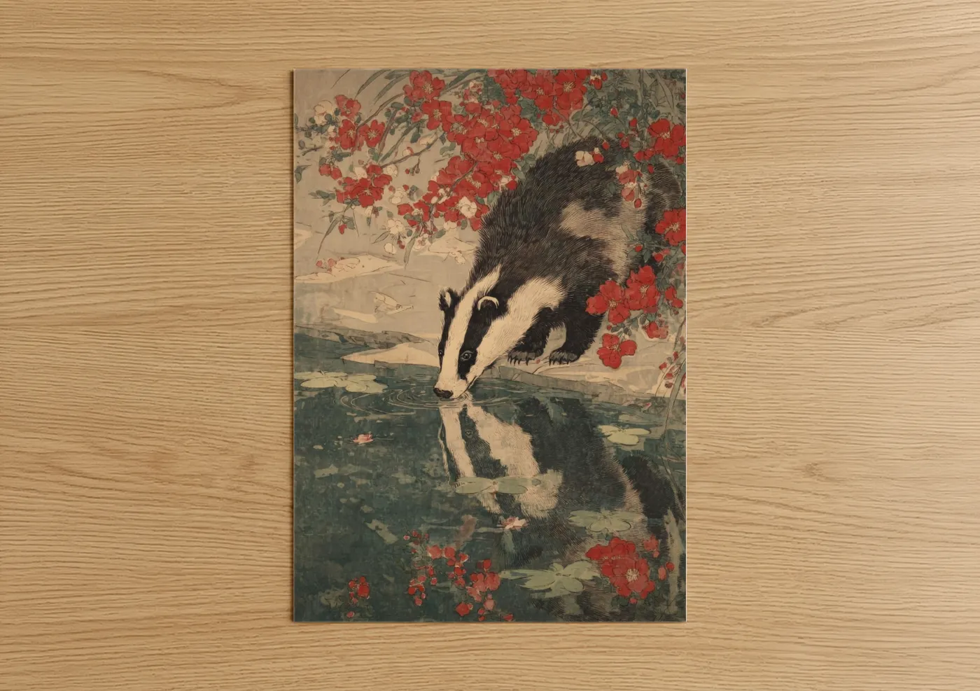 Badger by Water Japanese Woodblock Wall Art