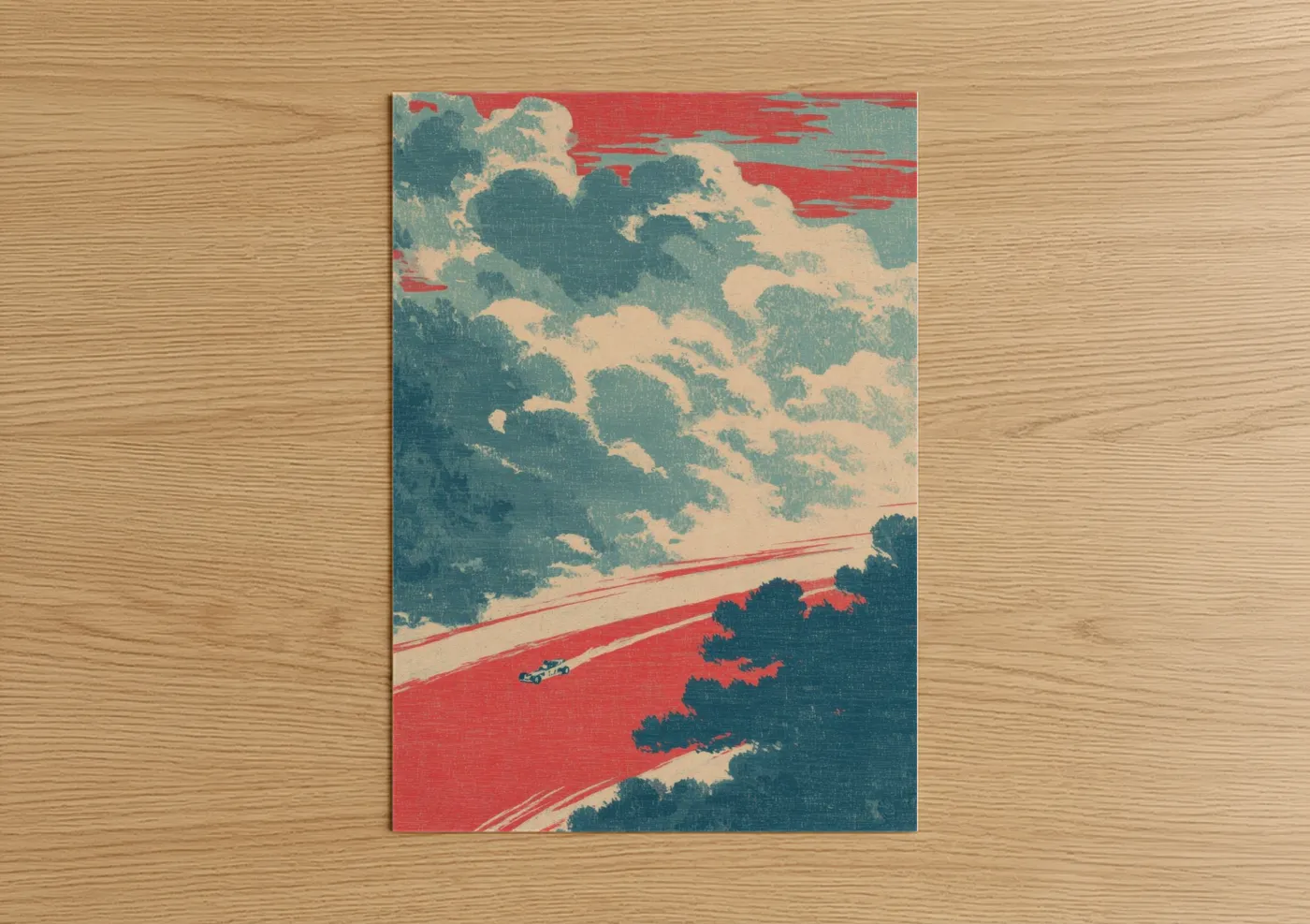 Auto racing art print on warm oak wood — red and teal palette — Crimson Speed Dream poster