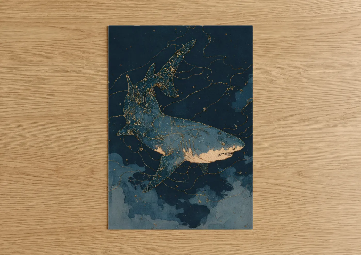 Art print on warm oak wood — dark blue and gold and white palette — Golden Lemon Shark poster
