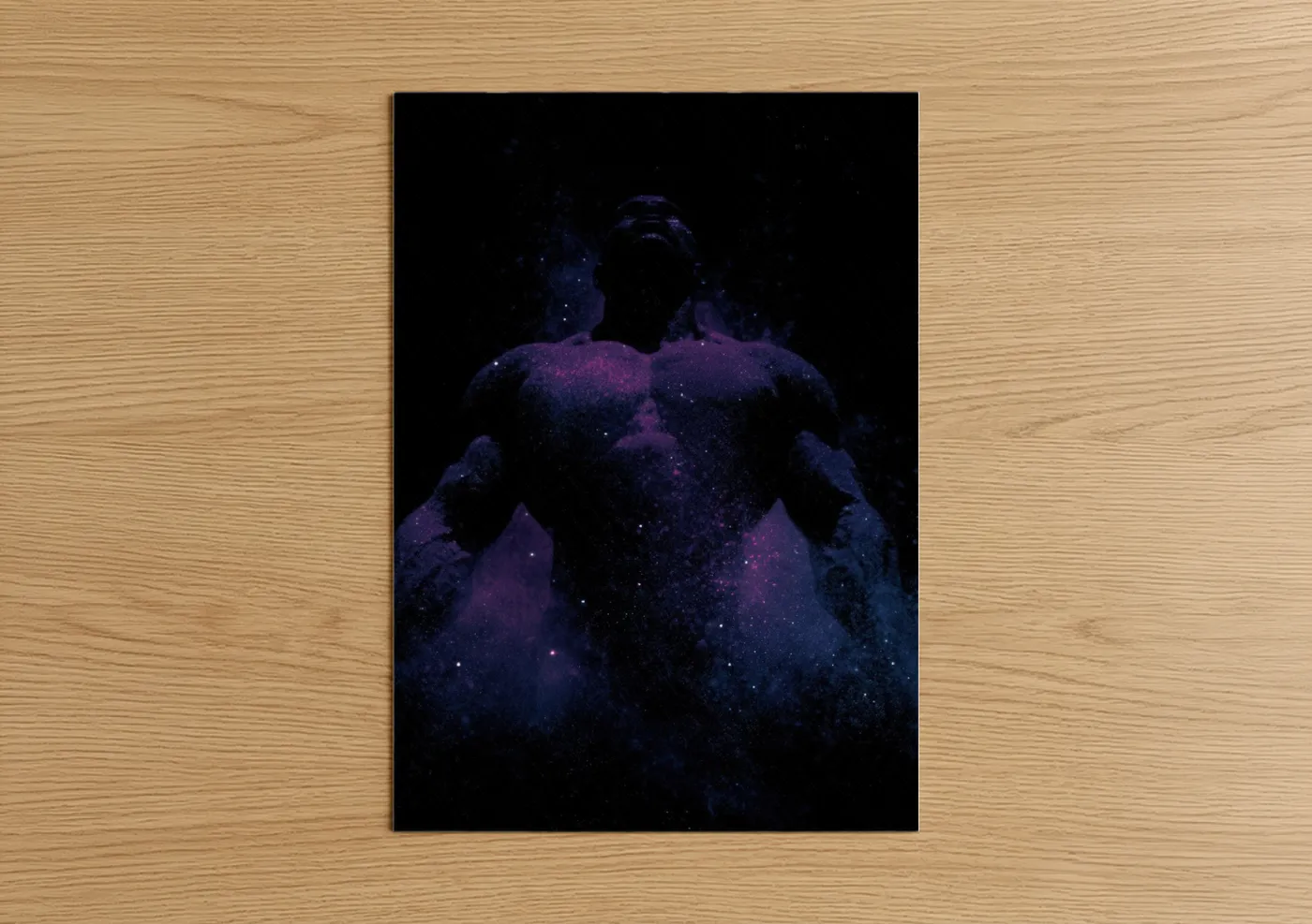 Bodybuilding art print on warm oak wood — blue and magenta palette — Cosmic Bodybuilder poster