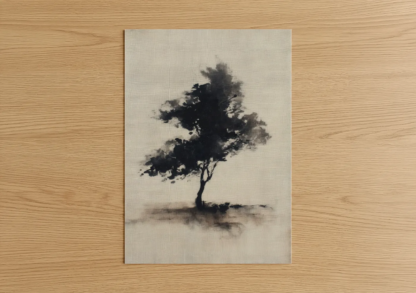 Savanna and desert trees art print on warm oak wood — black and white and dove gray palette — Windswept Acacia poster