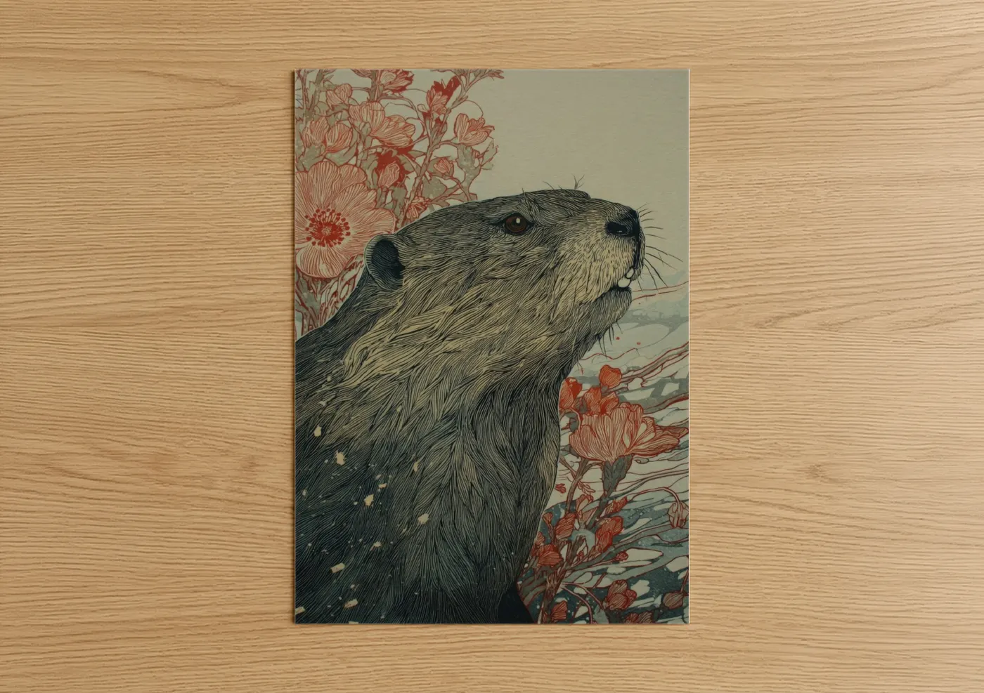 Floral Beaver Nature Illustration Wall Art