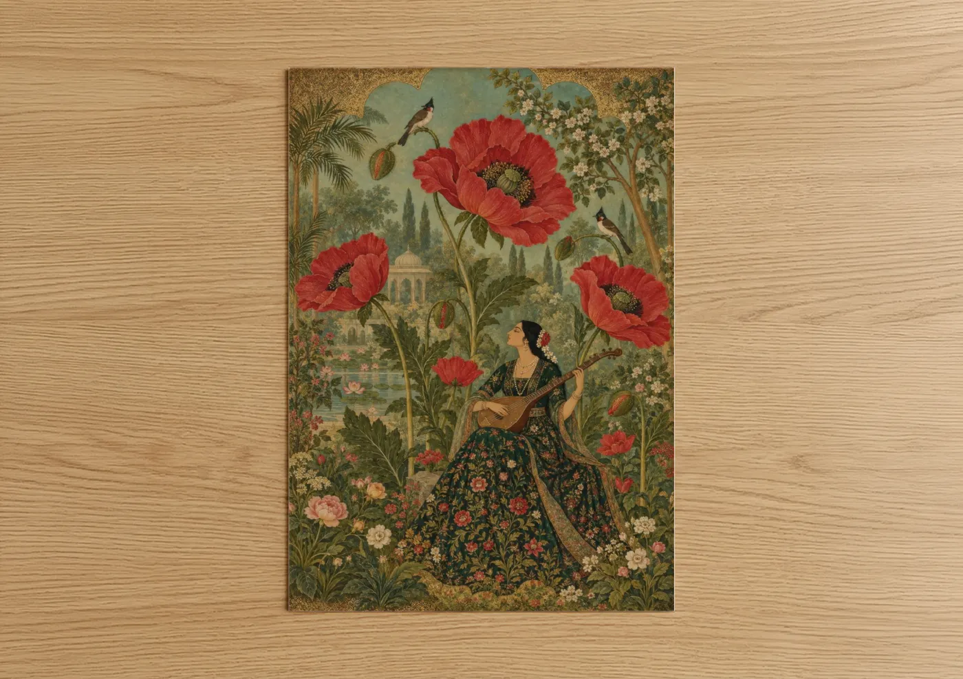 Art print on warm oak wood — red and green palette — Persian Garden Poppies Wall Art poster