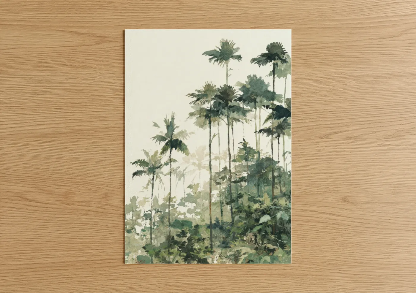 Art print on warm oak wood — sage green and cream palette — Misty Palm Forest poster