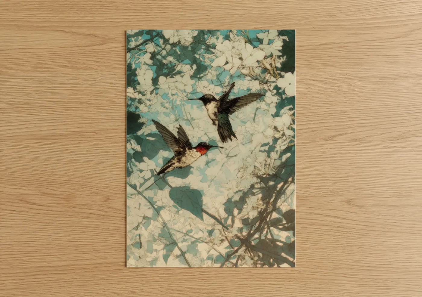 Art print on warm oak wood — teal and cream palette — Hummingbird Duet poster